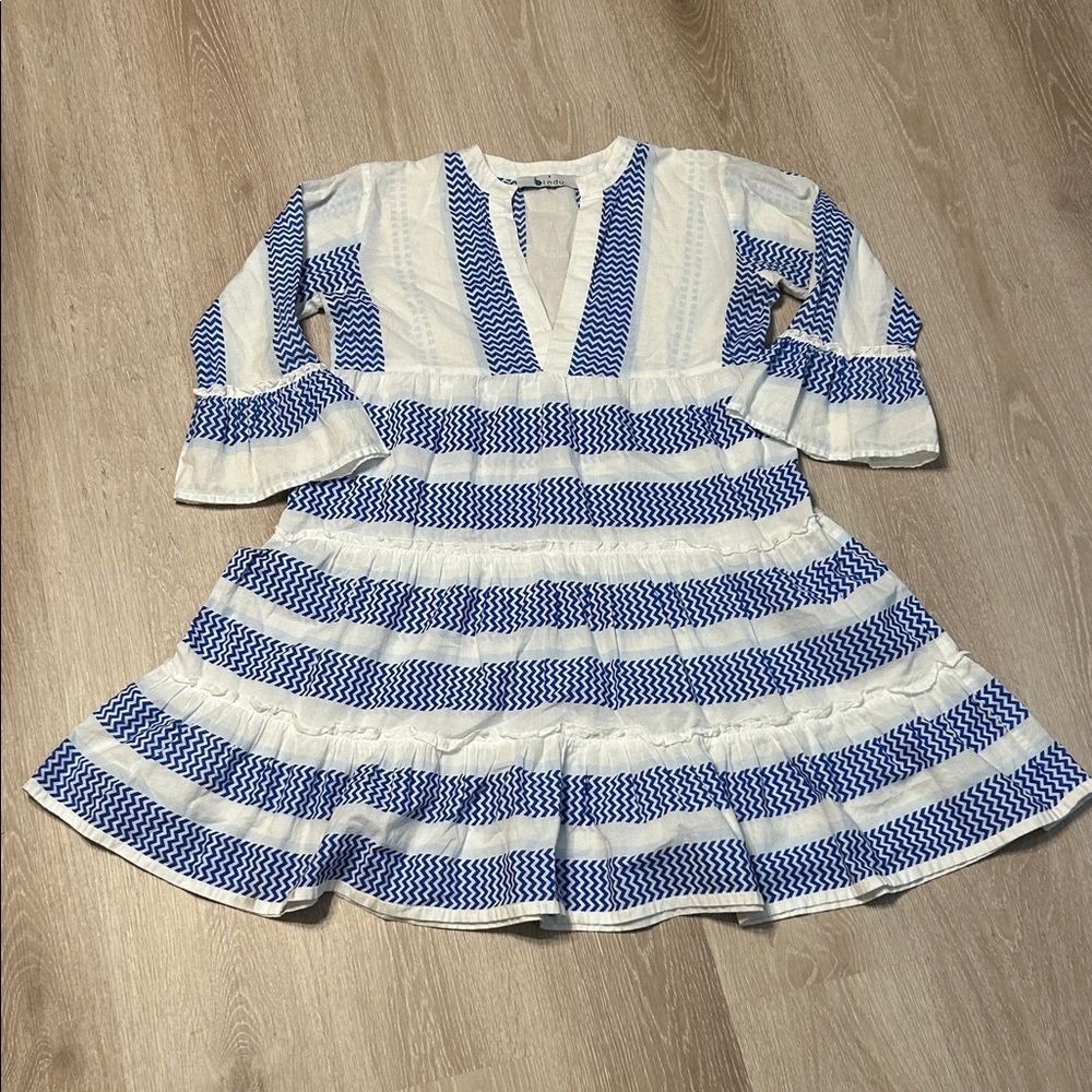 Bindu Glenda Blue & White Flared Cuff A-Line Linen Dress Sz Small